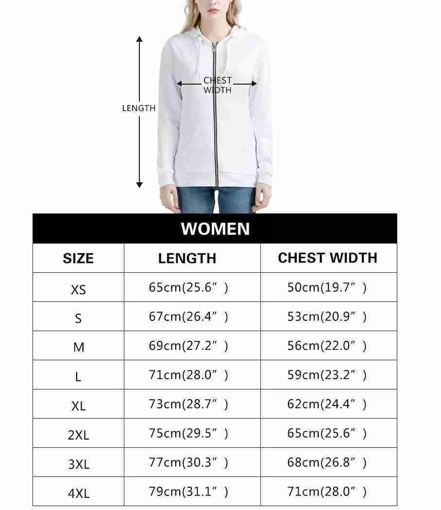 WOMENS ALL OVER PRINT HOODED JACKET SIZE CHART