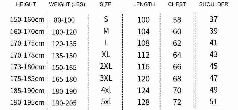 HOODED VEST SIZE CHART