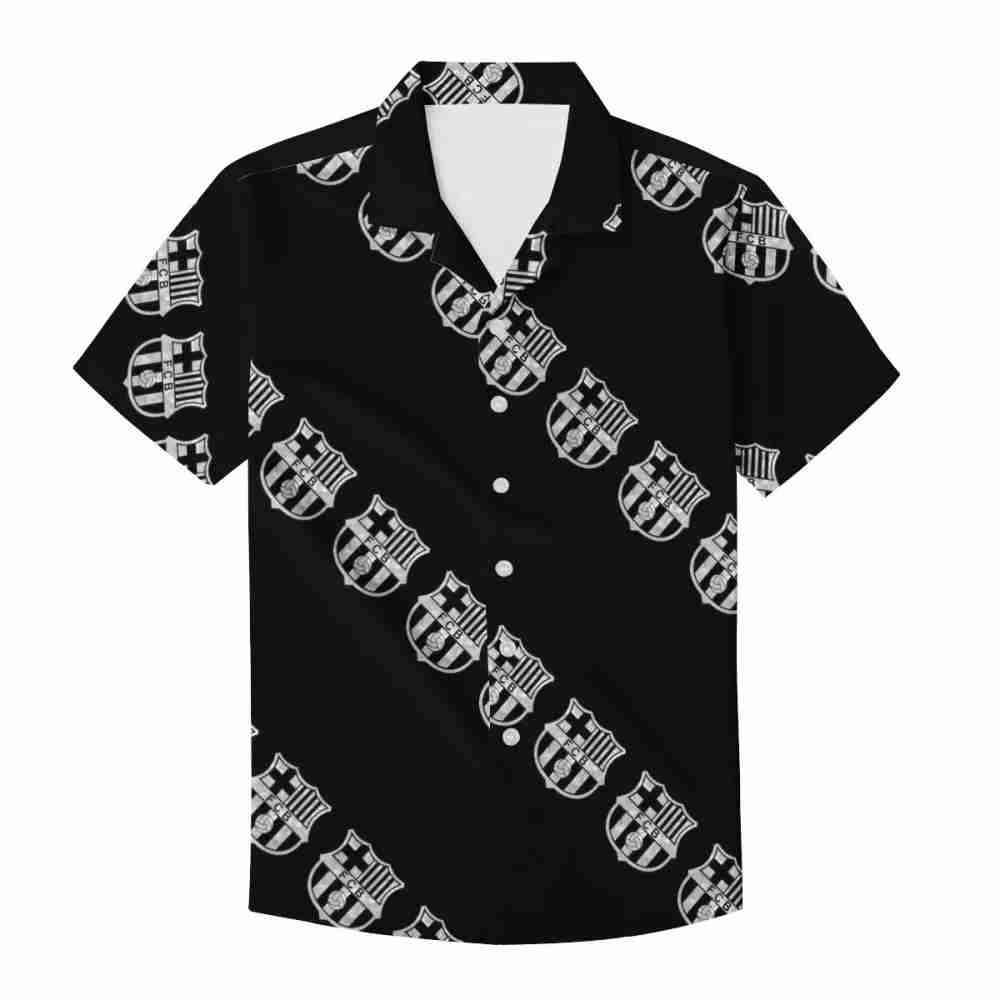 FC BARCELONA Official Black and White Pattern Short Sleeve Button Shirt