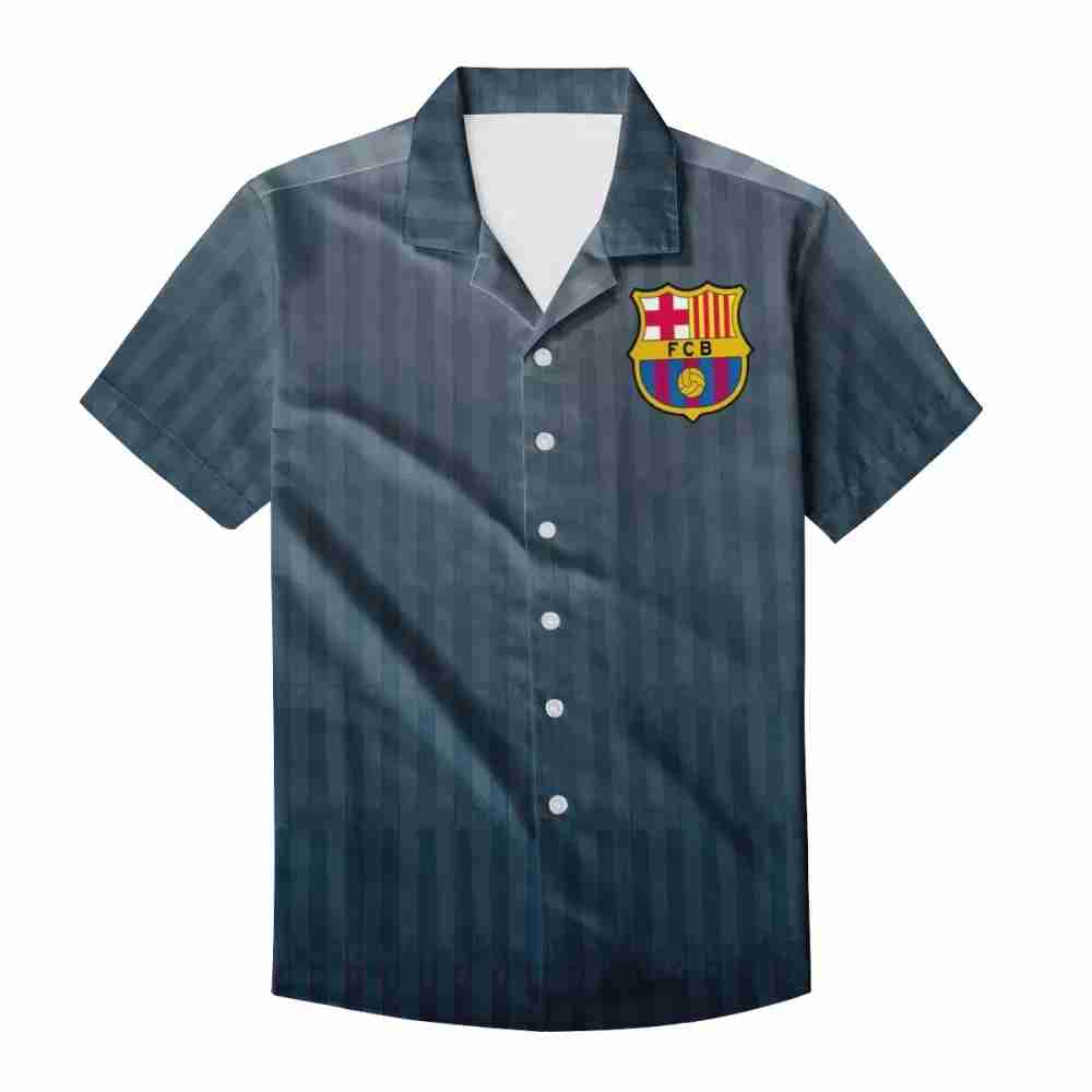 FC BARCELONA Official Blue Striped Short Sleeve Button Shirt