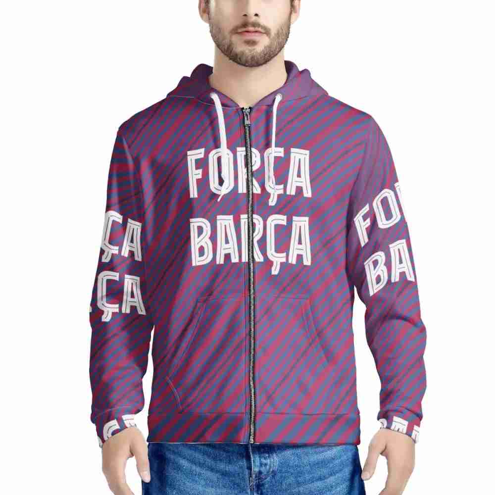 FC BARCELONA Official Forca Barca Mens All Over Print Hooded Jacket