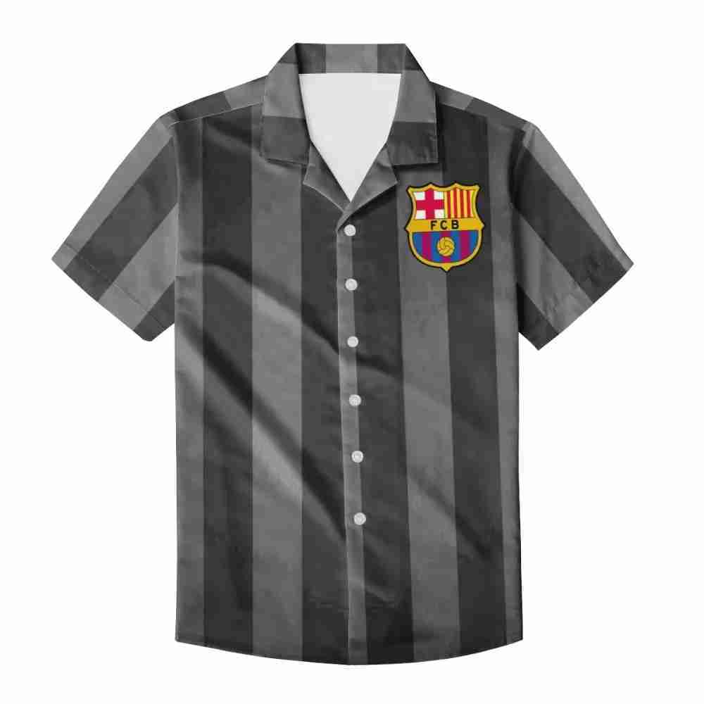 FC BARCELONA Official Grey Black Striped Short Sleeve Button Shirt