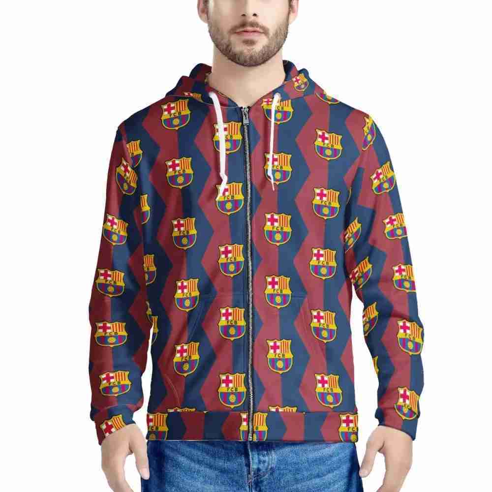 FC BARCELONA Official Hexagon Pattern Mens All Over Print Hooded Jacket