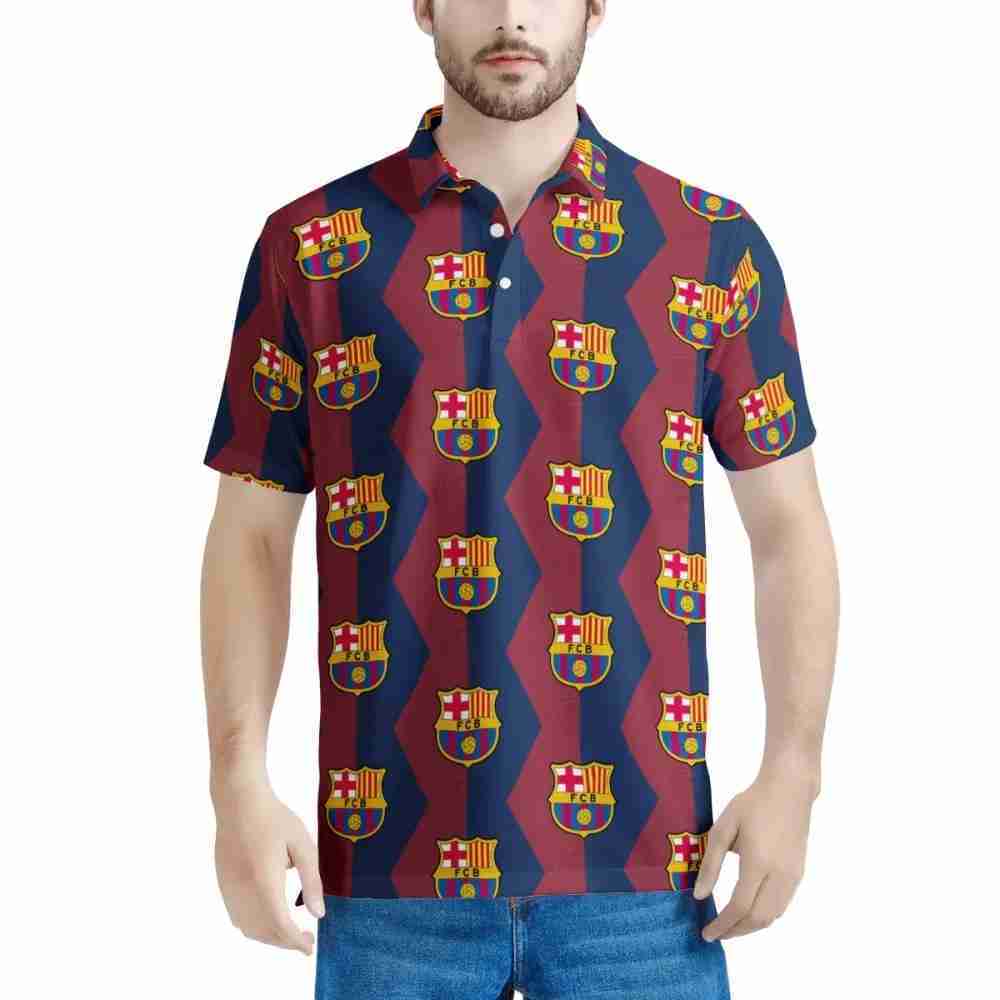 FC BARCELONA Official Mens Hexagon Pattern All Over Print Polo Shirt