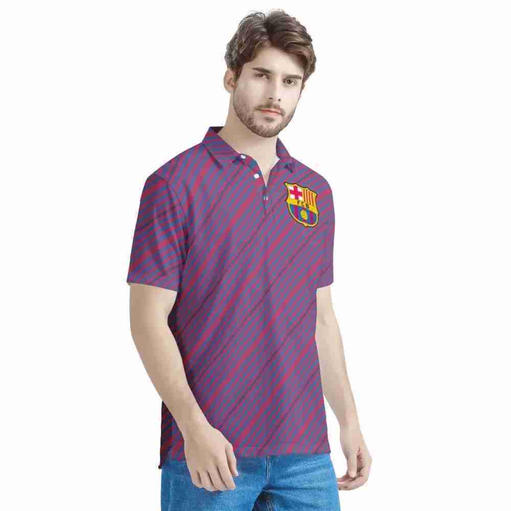 FC BARCELONA Official Mens Striped All Over Print Polo Shirt