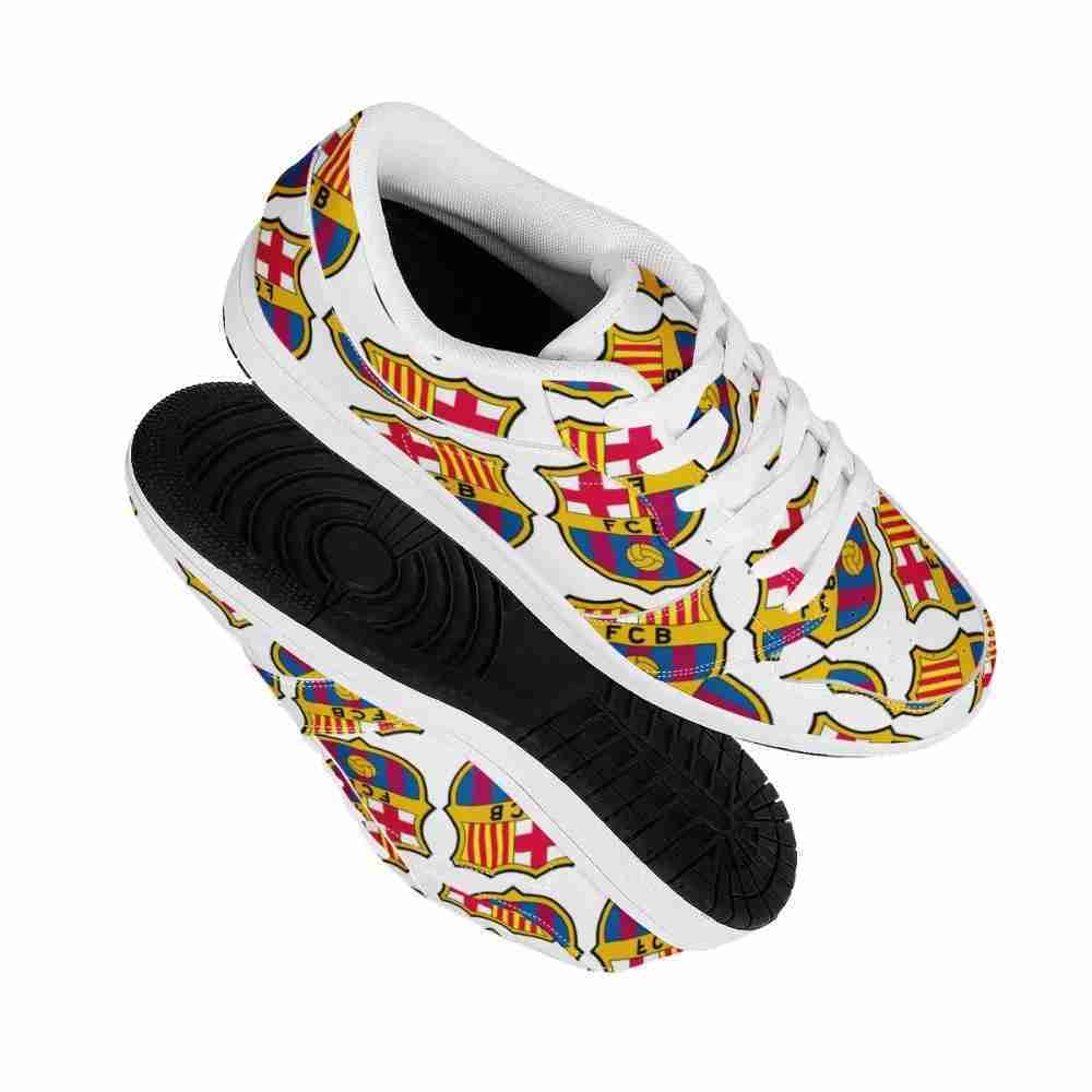 FC BARCELONA Official Symbol Pattern White Low Top Leather Sneakers