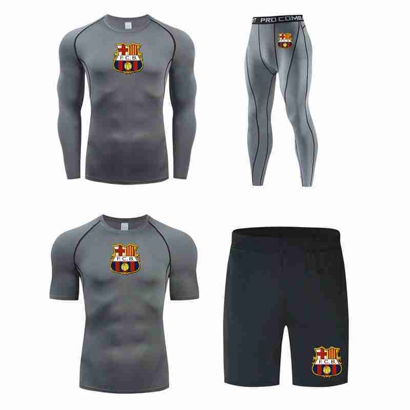 FC BARCELONA Official 1910 1920 Emblem 4 Piece Short Sleeve TShirt Long Sleeve TShirt Shorts Tights Compression Fitness Sets