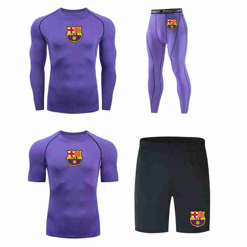 FC BARCELONA Official 4 Piece Short Sleeve TShirt Long Sleeve TShirt Shorts Tights Compression Fitness Sets