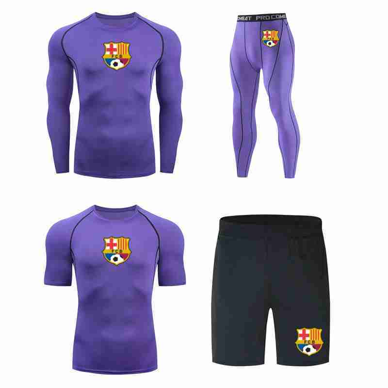 FC BARCELONA Official Football Emblem 4 Piece Short Sleeve TShirt Long Sleeve TShirt Shorts Tights Compression Fitness Sets